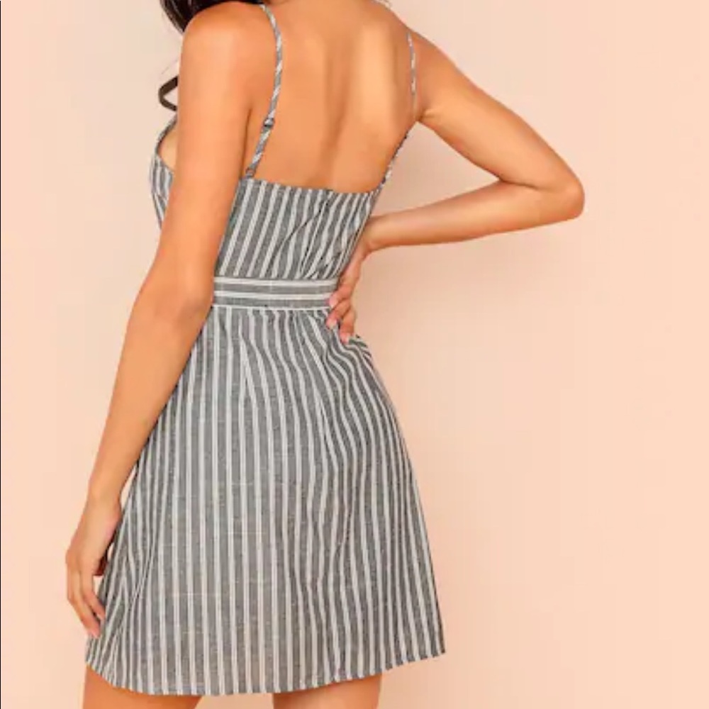 LAST ONE! Button Belted Faux Wrap Striped Dress - Picture 3 of 8